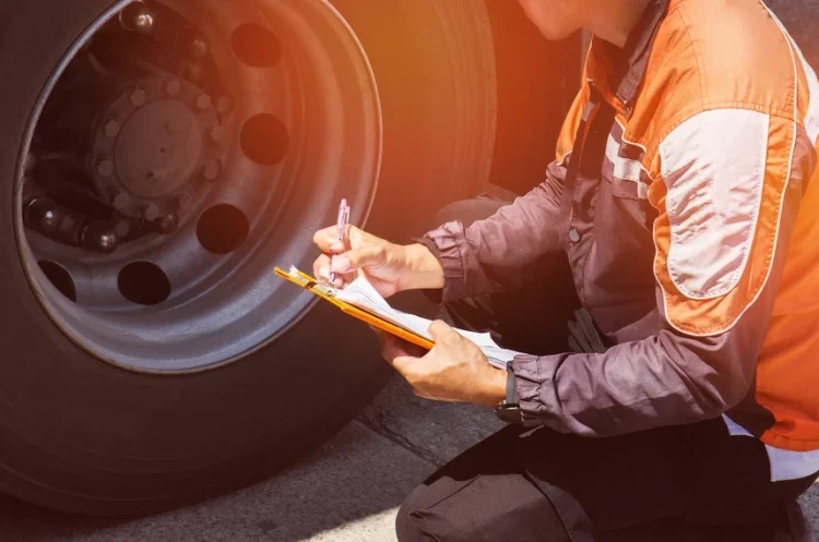 Bucket truck operator performing pre-inspection checklist Alt Text: Professional contractor inspecting bucket truck controls and safety equipment before rental use on construction site