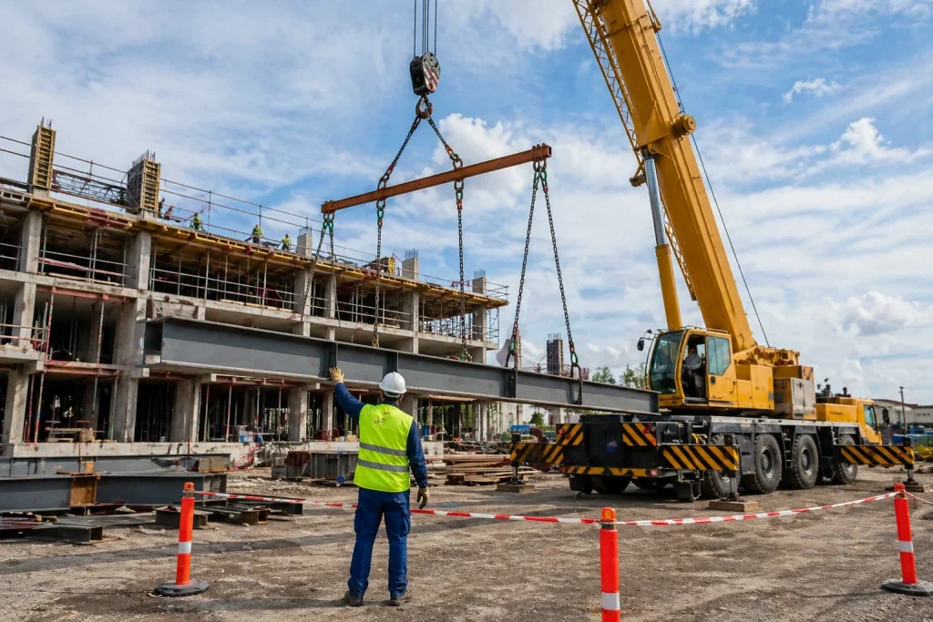 Building construction crane lifting steel beam during multi-story steel erection