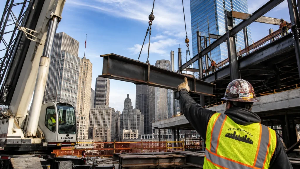 Certified crane operator managing building construction crane lift for steel erection